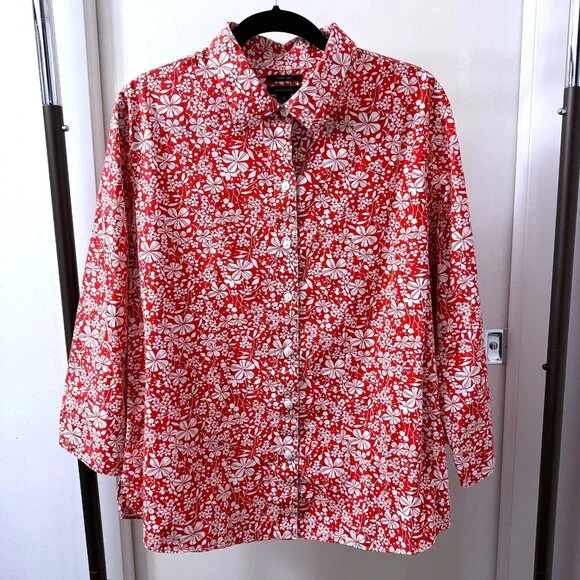 WESTBOUND Red Floral 3/4 Sleeve Wrinkle Free Button Down Shirt Blouse - size XL - Picture 1 of 6